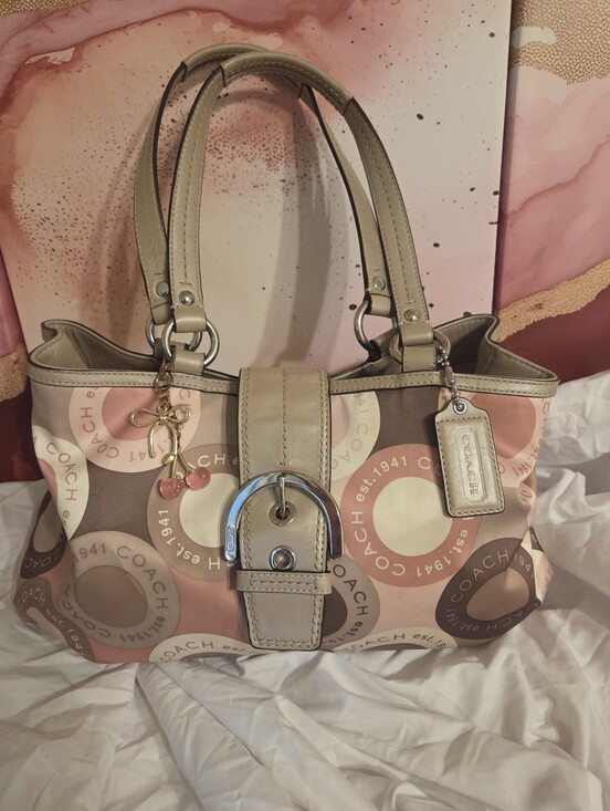 Coach Handbags - Coach F18805 Ashley Pink and Beige Signature Circle Print Shoulder Tote